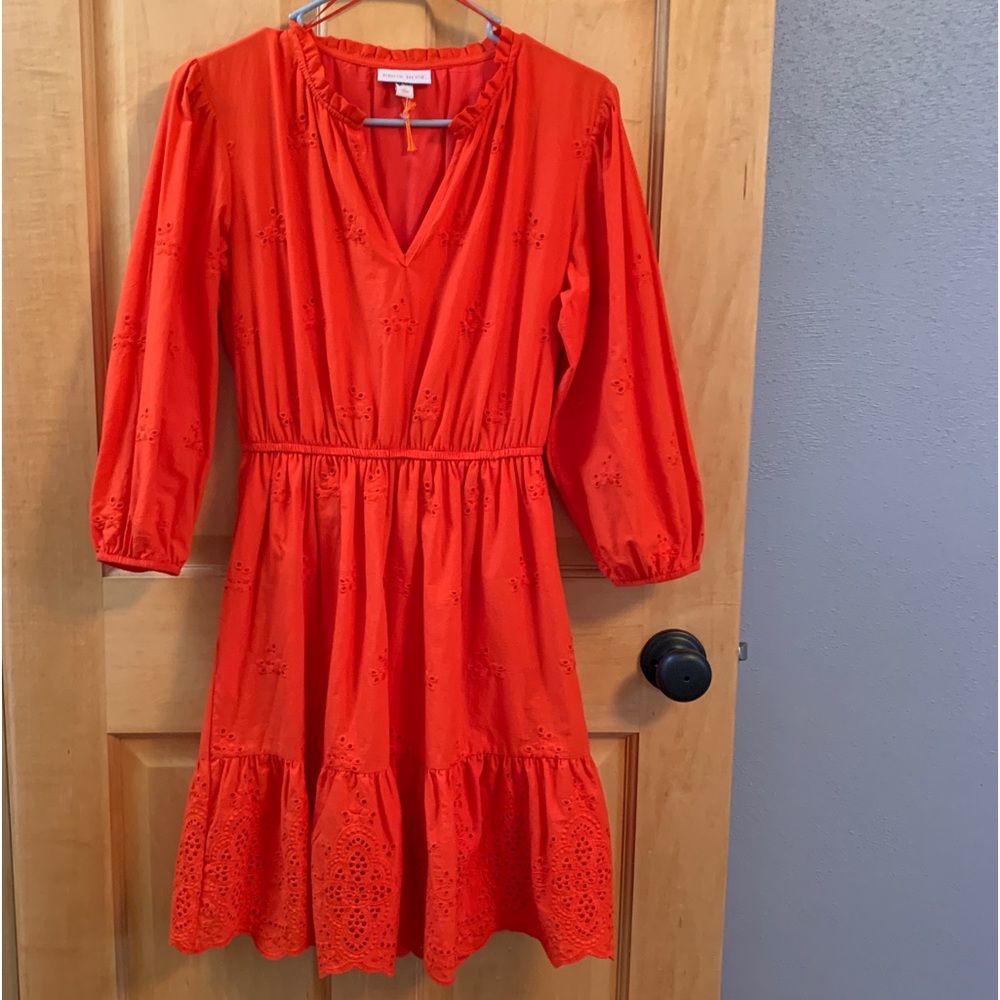 (K228) NWOT Knox Rose 3/4 Sleeve Red-Orange Sz XS Eyelet Dress Scalloped Hemline